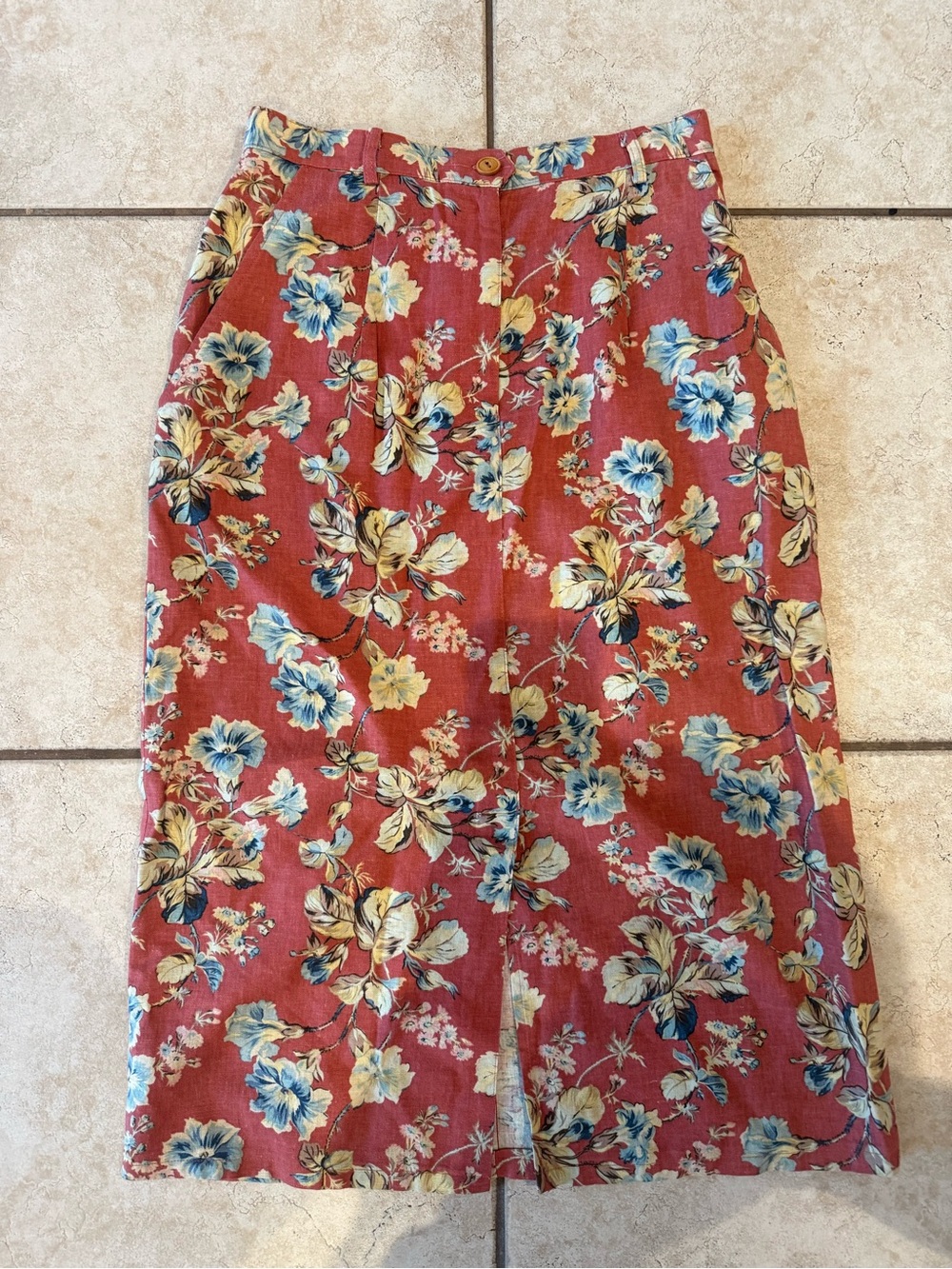 Vintage F.L. Malik Floral Linen Blend Midi Maxi Skirt Size 8 80s 90s